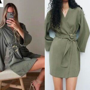 ☀️ ZARA Modal Sage Green Kimono Effect Tortoise Belted Wrap Dress XS Cute Olive
